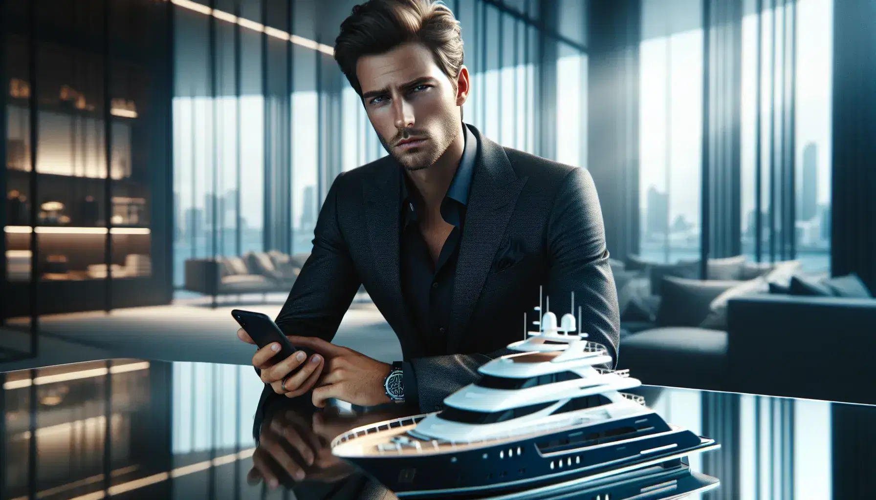 Hombre elegante con traje oscuro y teléfono móvil en oficina lujosa, junto a maqueta de yate blanco sobre mesa de vidrio.