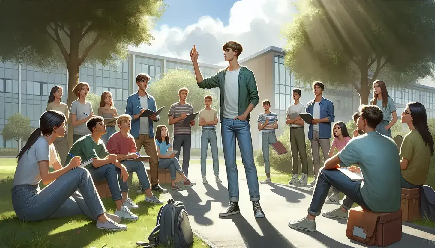 Joven estudiante debatiendo al aire libre con compañeros atentos en un entorno escolar, rodeados de árboles y bajo un cielo despejado.
