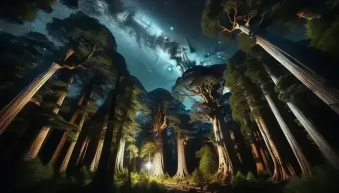 Foresta antica di notte con alberi maestosi sotto un cielo stellato e la Via Lattea visibile, senza segni di presenza umana.