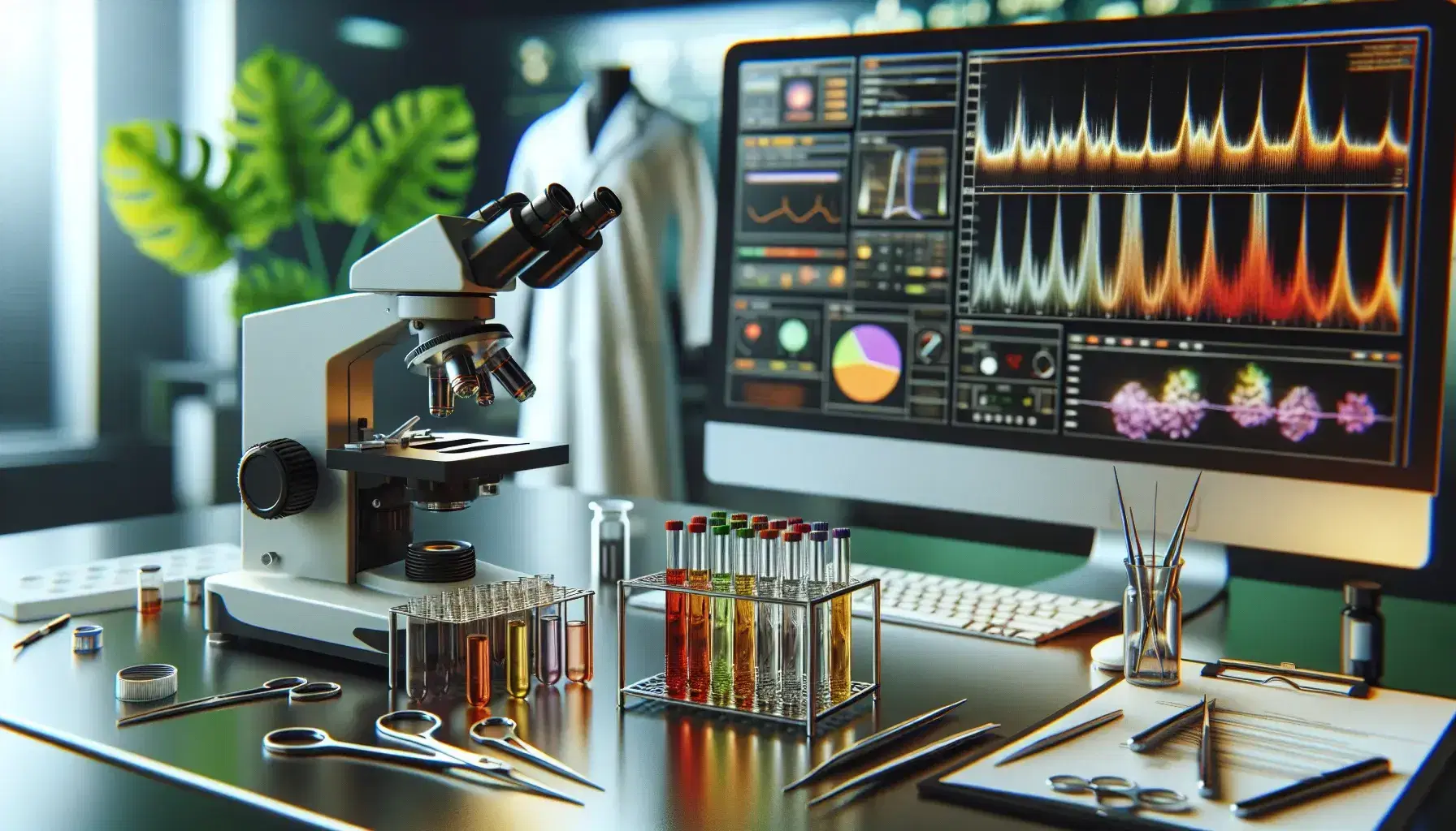 Mesa de laboratorio clínico con microscopio, tubos de ensayo con muestras, herramientas médicas y monitor con gráficos, reflejando un entorno de investigación.
