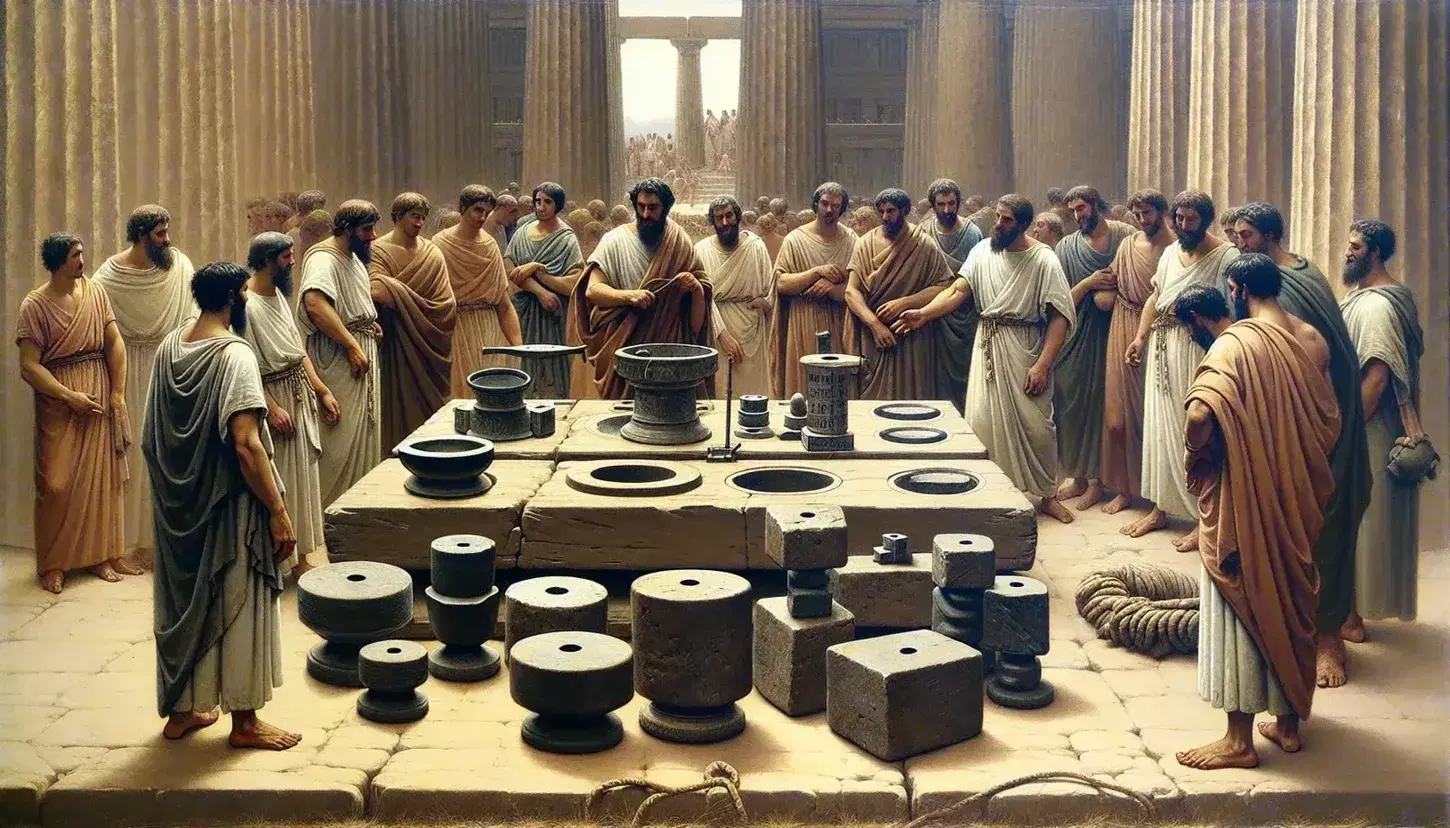 Escena antigua con personas en túnicas alrededor de una mesa de piedra con pesas y medidas de bronce, bajo un cielo azul claro cerca de una construcción con columnas.