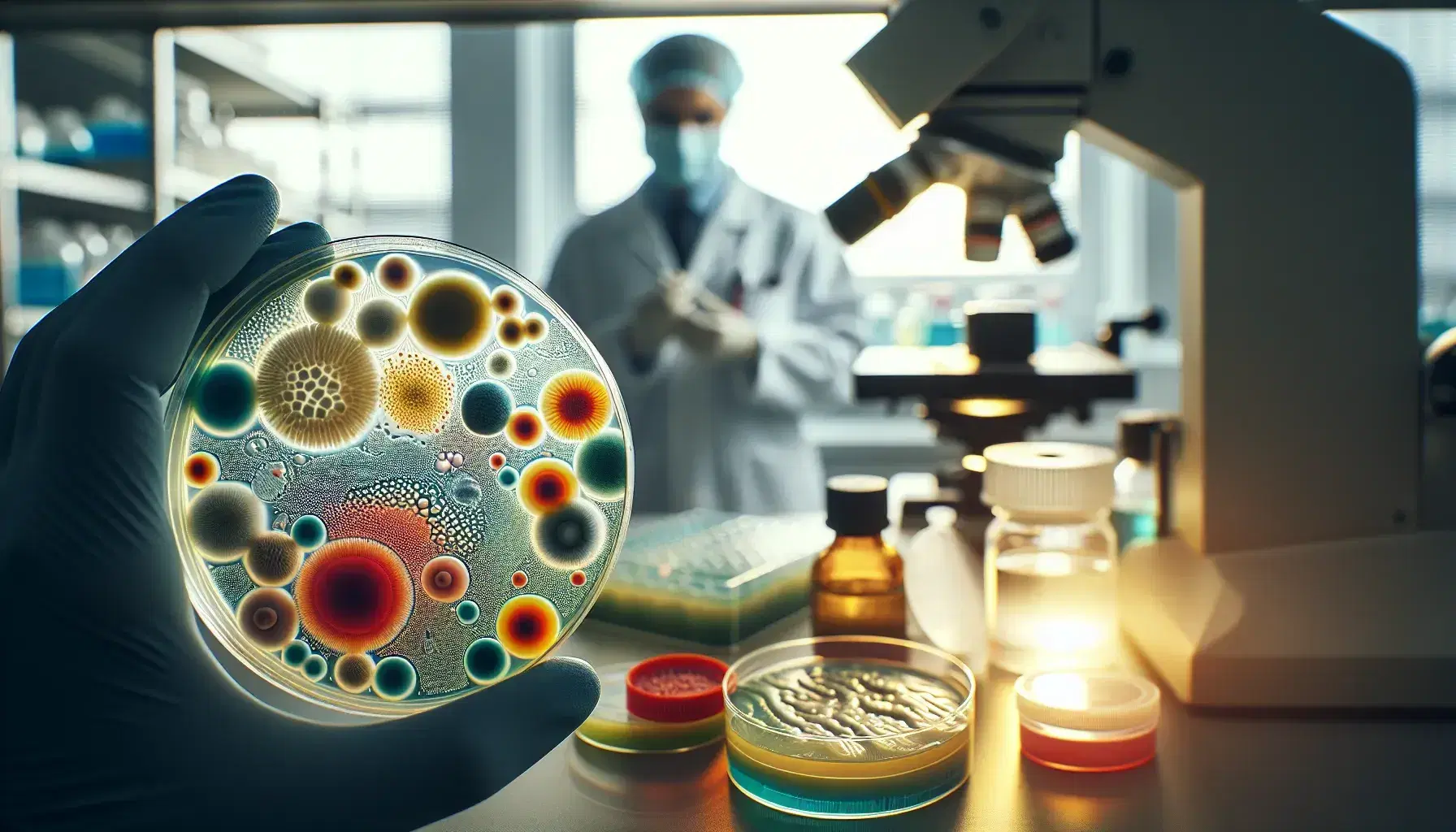Close-up view of a petri dish with colorful bacterial colonies on a lab bench, with an out-of-focus scientist pipetting in the background.