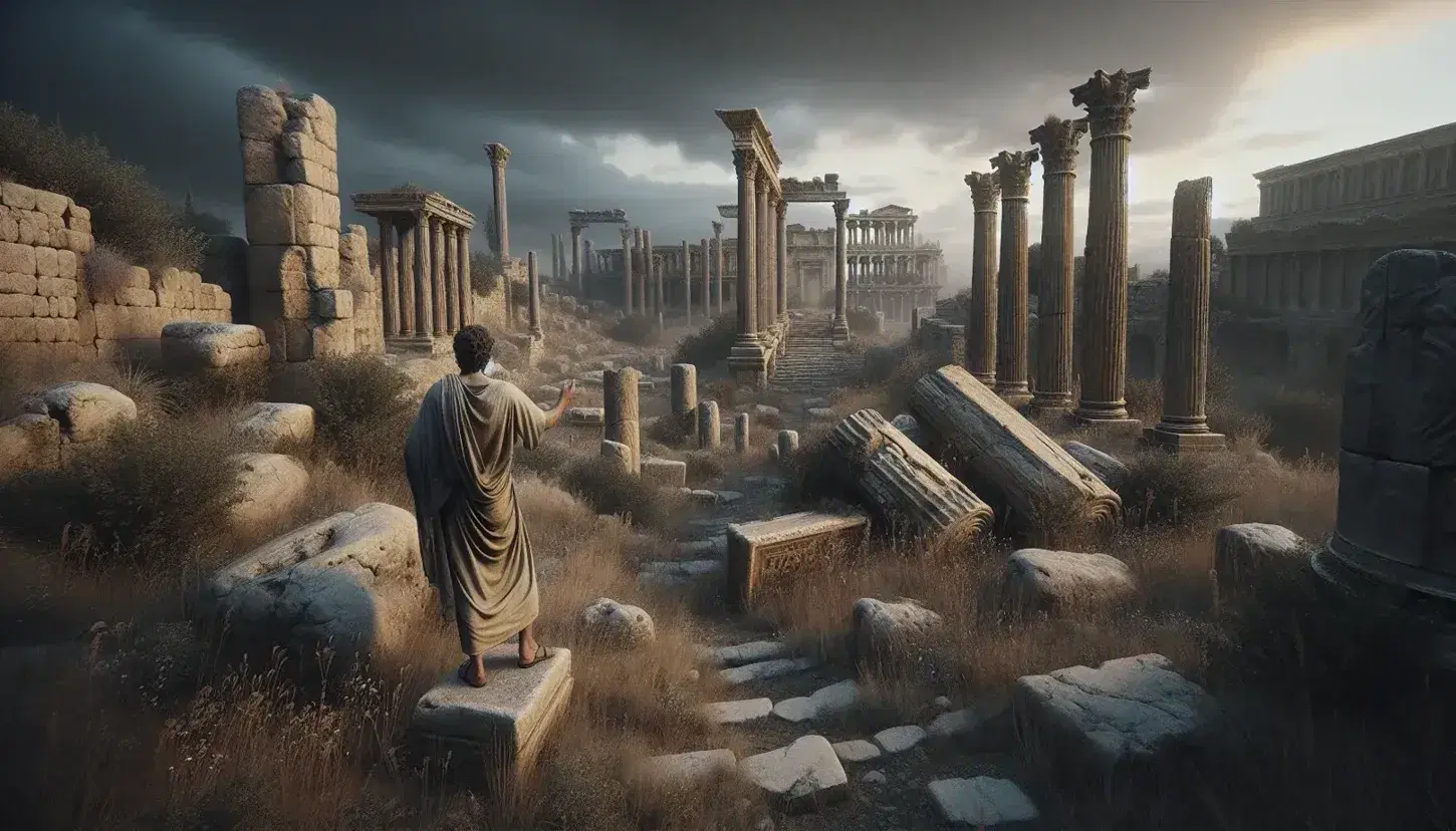 Ruinas de una antigua ciudad griega con columnas dóricas y vegetación seca bajo un cielo nublado, con una figura masculina en túnica y corona de laurel señalando hacia el horizonte.