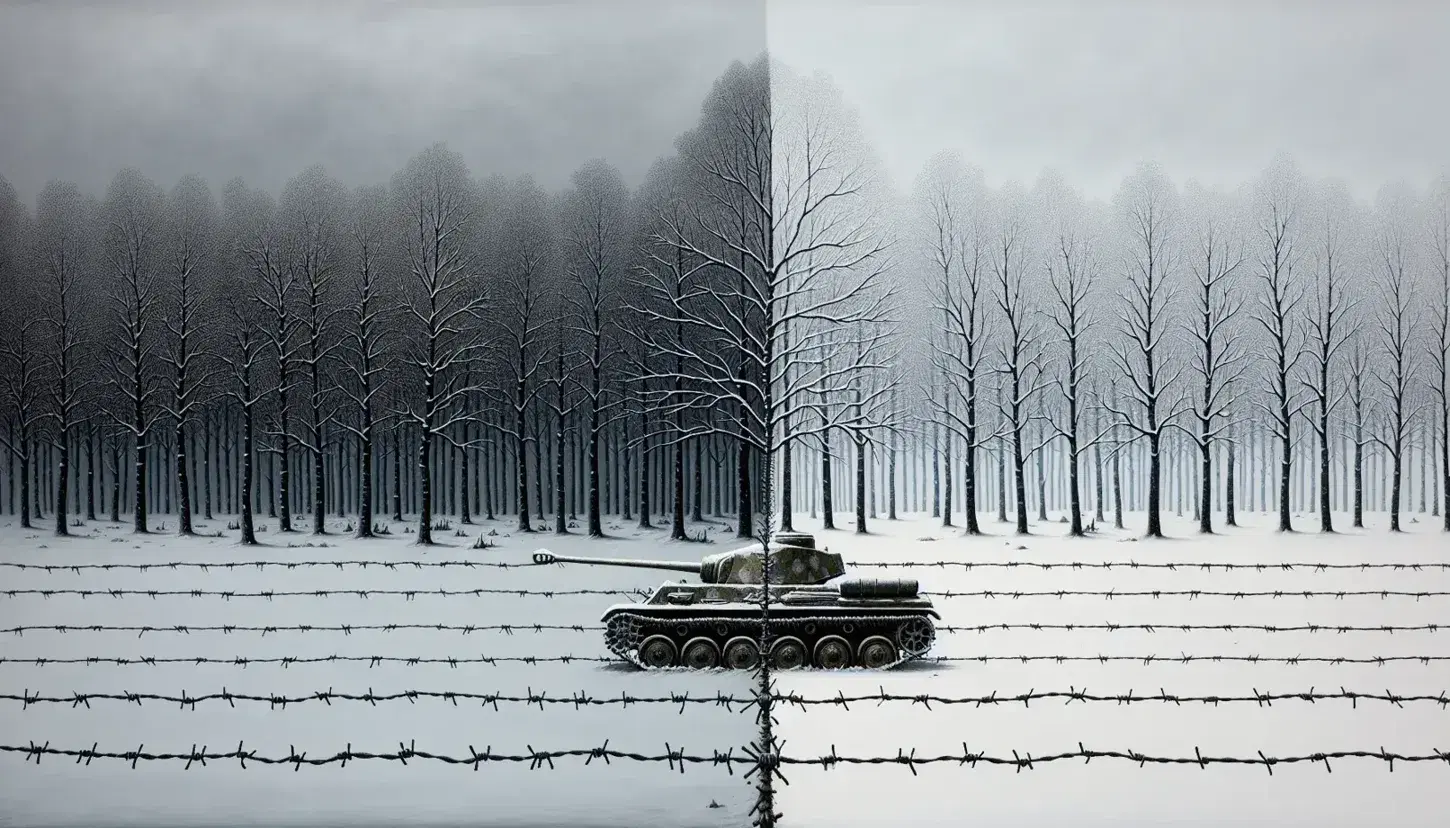 Snow-covered landscape divided by barbed wire with a camouflaged tank near the forest edge and abandoned military gear in the foreground.