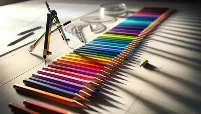 Matite colorate in ordine cromatico su tavolo di legno con compasso e sfondo di foglio con linee curve, illuminazione morbida.