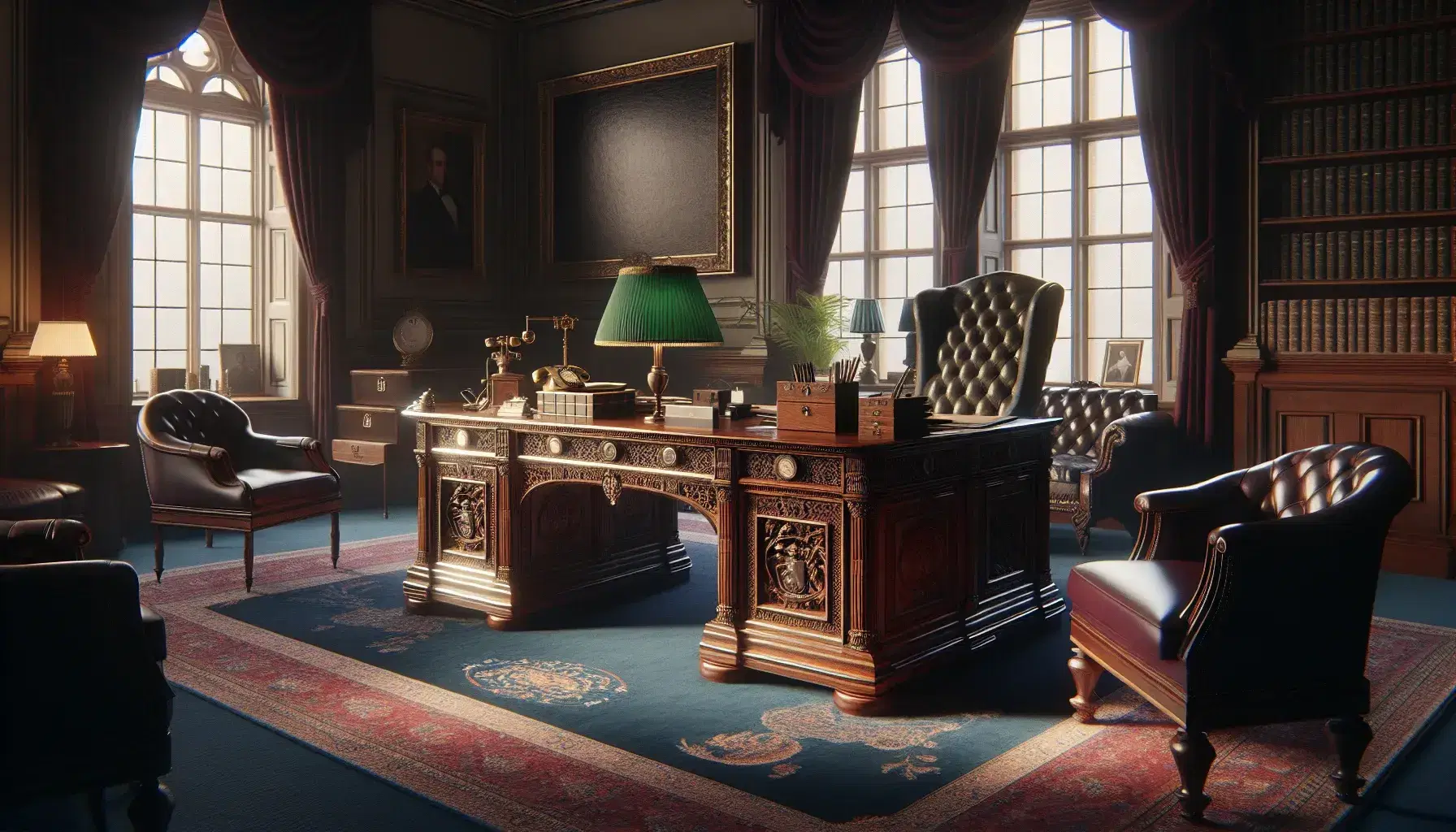 Elegant government office with a carved wooden desk, burgundy leather chair, vintage telephone, banker's lamp, and red velvet curtains.