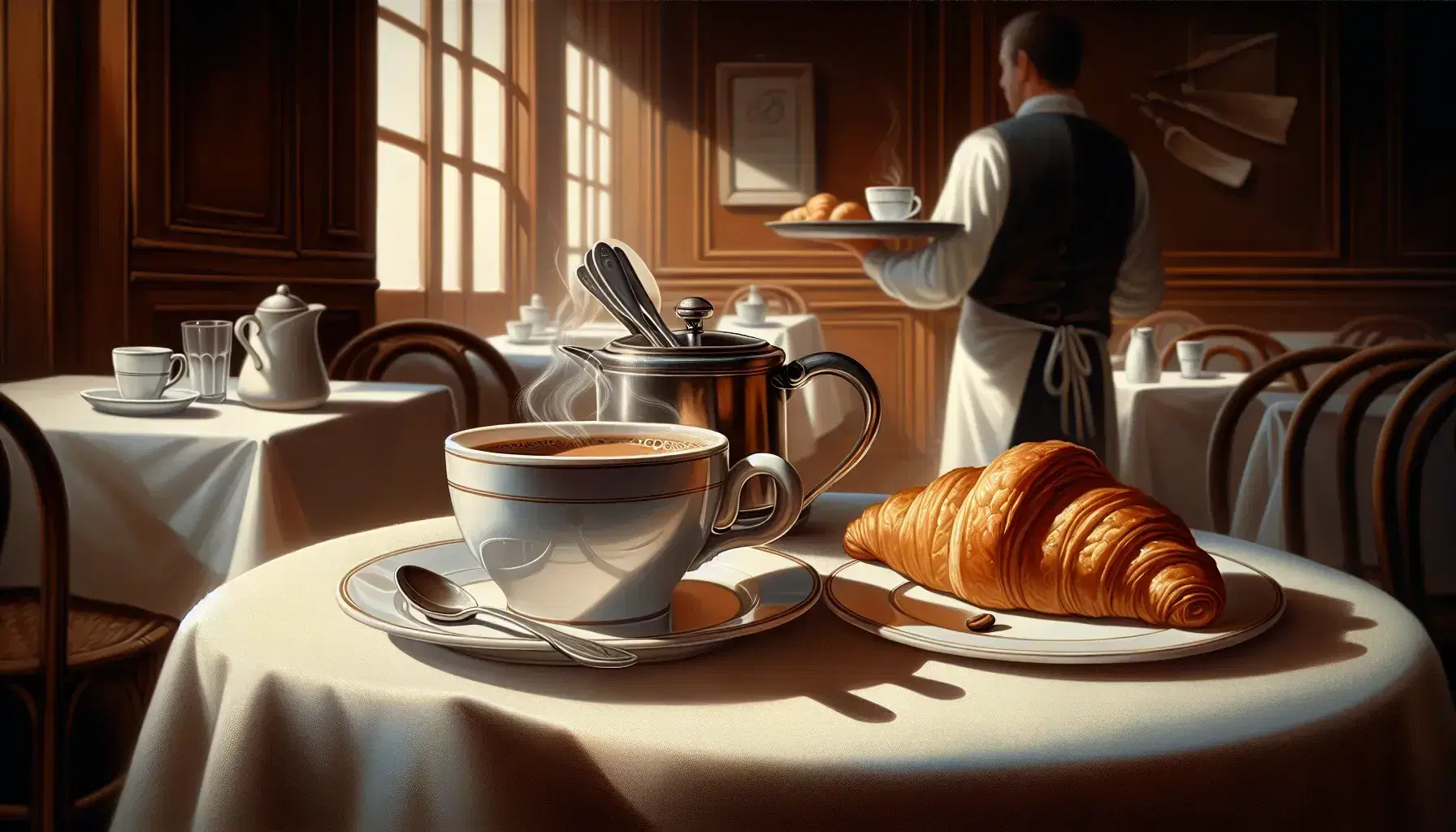 Close-up view of a steaming coffee cup and half-eaten croissant on a white tablecloth, with a blurred waiter in the background at a French café.