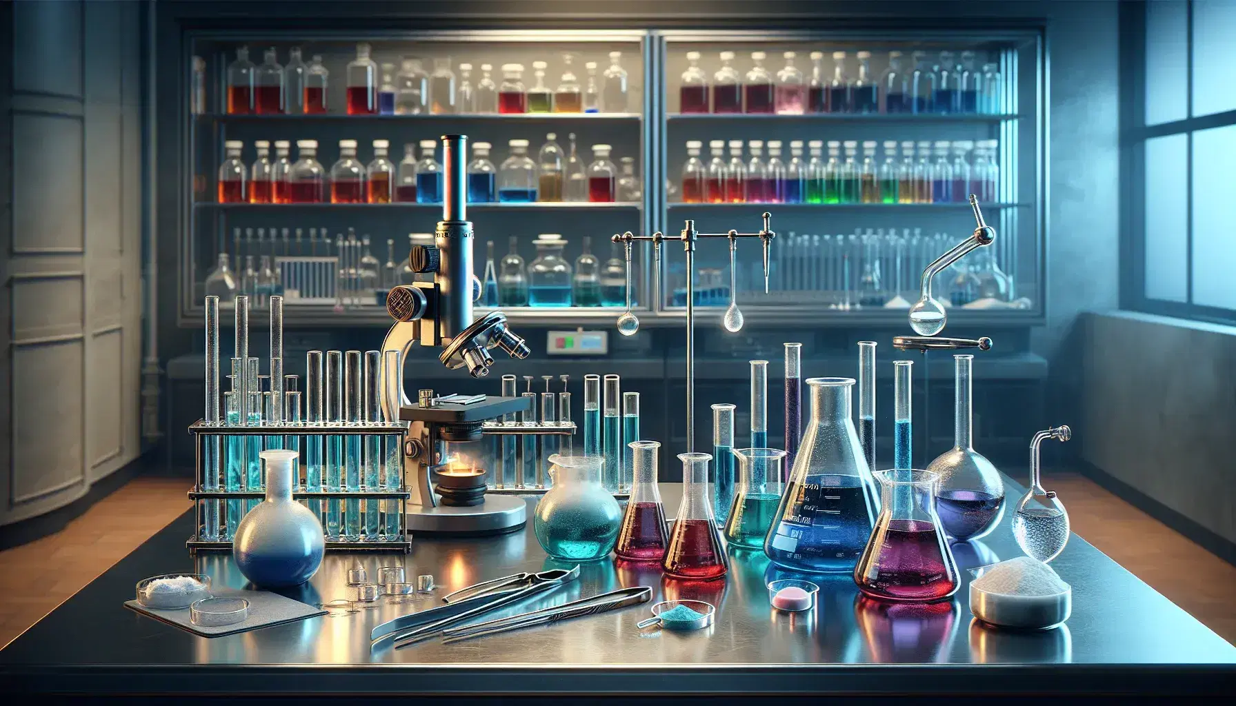 Laboratorio scientifico moderno con tavolo in acciaio, provette colorate, becher, bruciatore Bunsen e microscopio ottico.