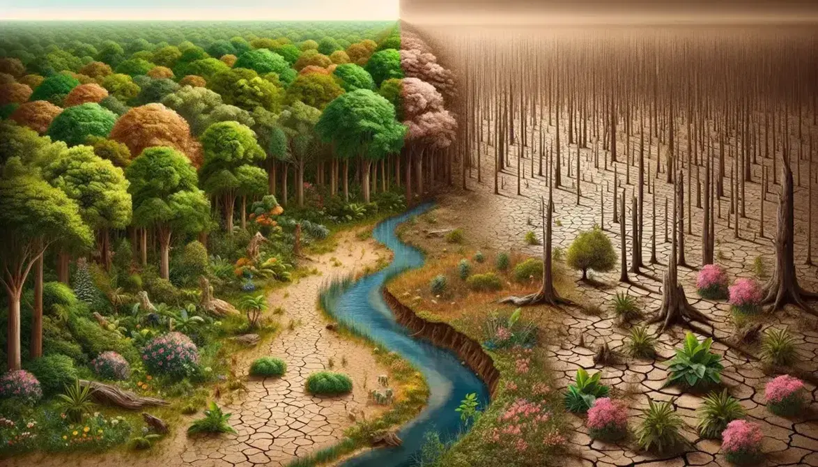 Diverse landscape showing a lush forest with green trees and a stream transitioning to a dry, cracked barren land with sparse vegetation.