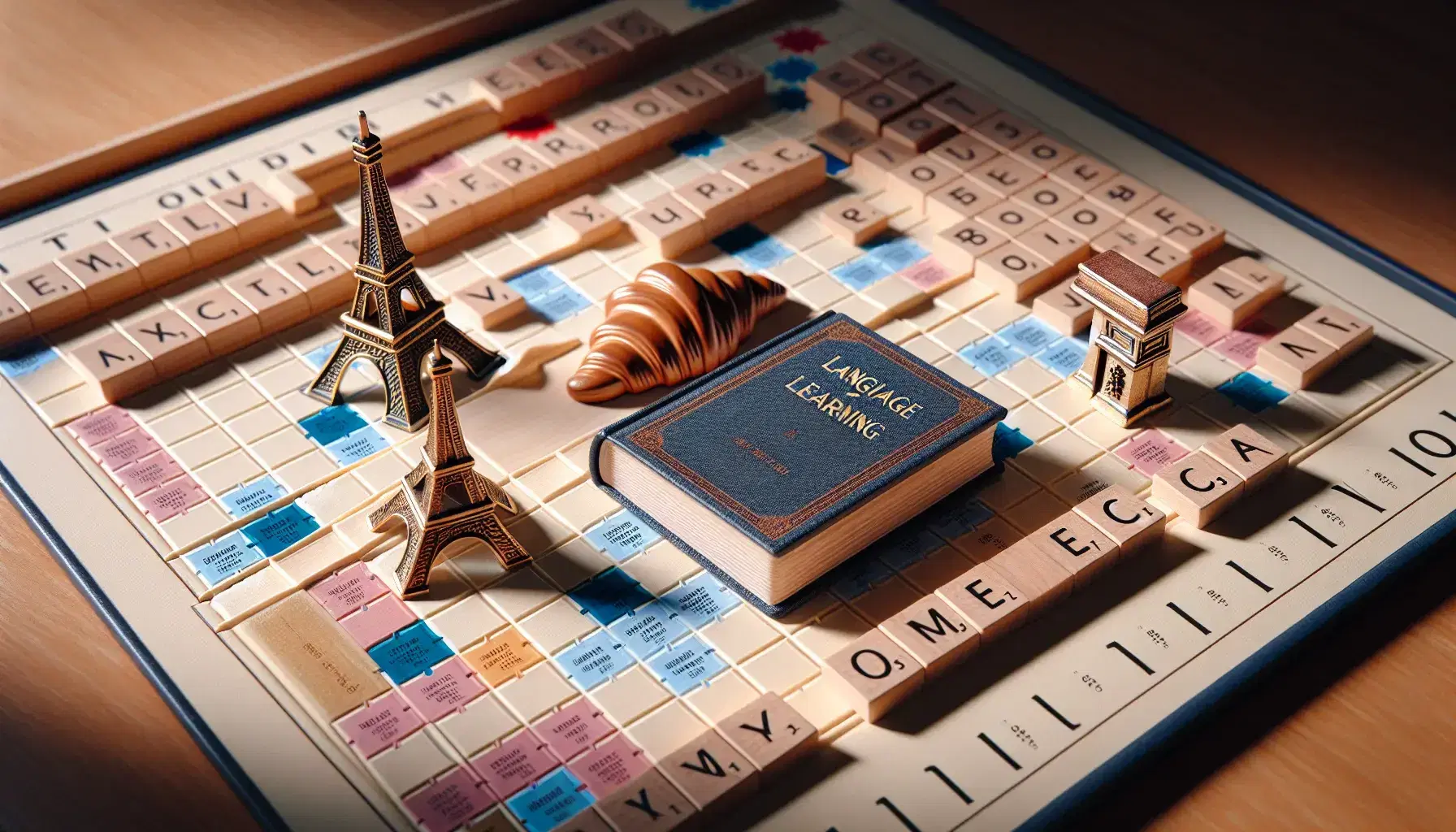 Close-up view of a language-learning board game with plain tiles, featuring a blue book and miniatures of French icons like the Eiffel Tower.