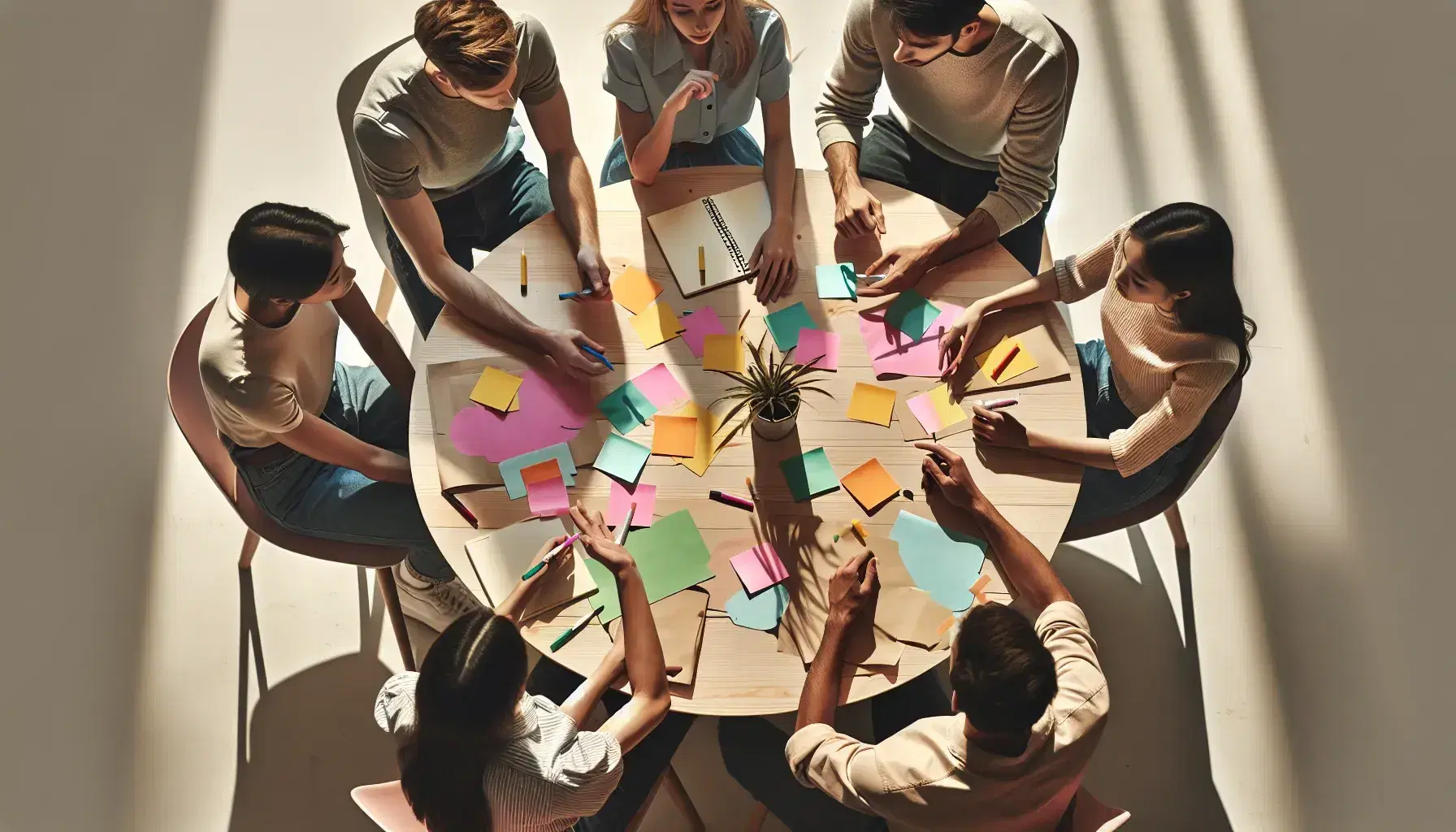 Grupo diverso de cinco personas colaborando en una mesa redonda con papeles de colores y notas adhesivas, en una sala de reuniones con pizarra al fondo.
