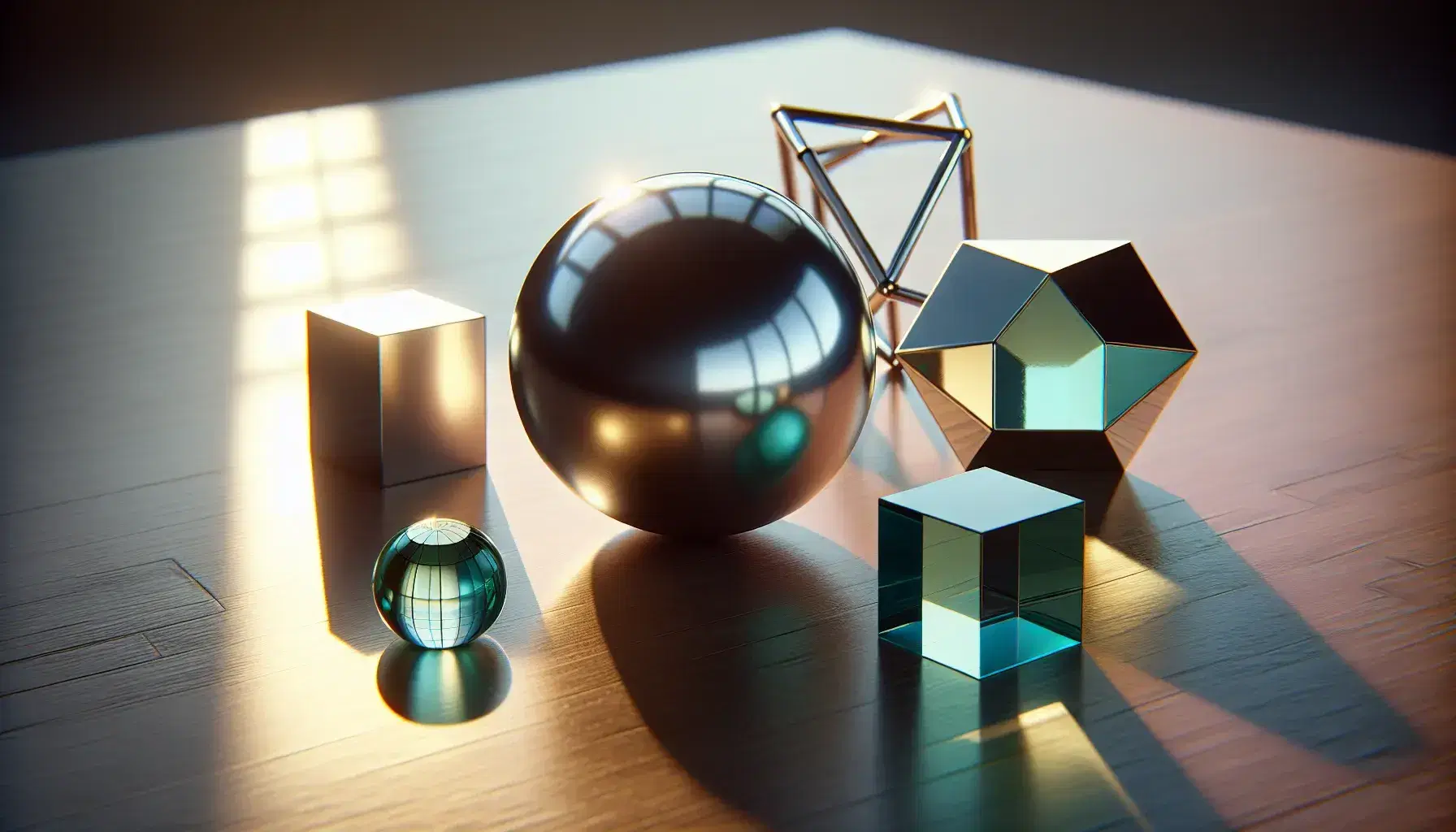 Assorted geometric shapes on a wooden surface with a reflective silver sphere, matte blue cube, golden cylinder, emerald tetrahedron, and purple octahedron.