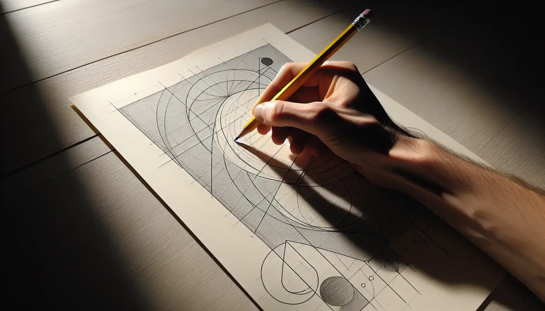 Mano sosteniendo lápiz de grafito sobre papel con líneas y formas geométricas dibujadas, en superficie de madera clara.