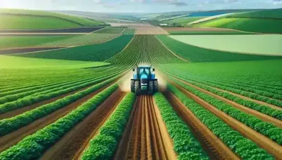 Tractor azul arando campo de cultivo verde con suelo marrón claro y colinas onduladas al fondo bajo un cielo azul despejado.