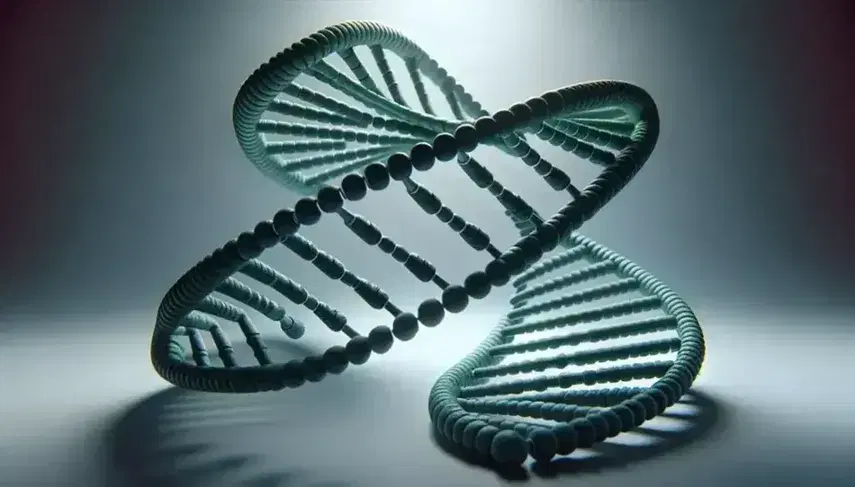 Three-dimensional model of double helix DNA with silver sugars and phosphates and nitrogenous bases dark green adenine, light green thymine, dark blue cytosine, light blue guanine on a white background.
