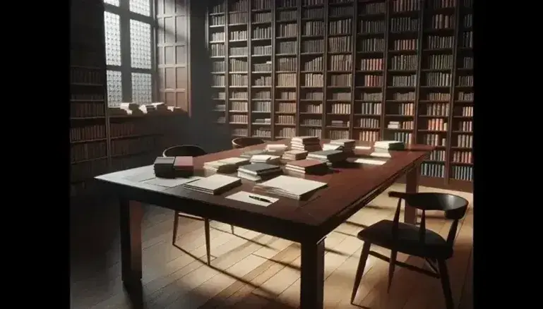 Biblioteca acogedora con estanterías de madera oscura llenas de libros coloridos, mesa central con papeles y pluma, y silla con cojín beige.