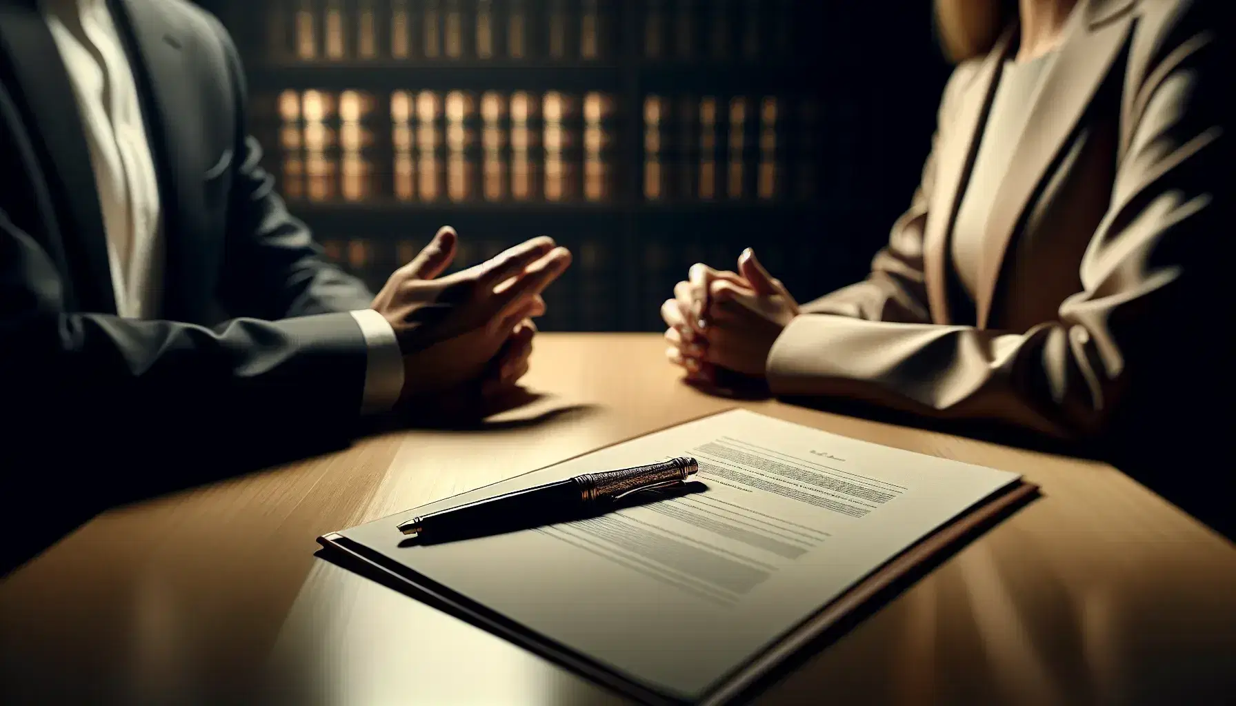 Due professionisti in abiti formali discutono un documento su un tavolo in legno chiaro in un ufficio elegante con libreria sfocata sullo sfondo.