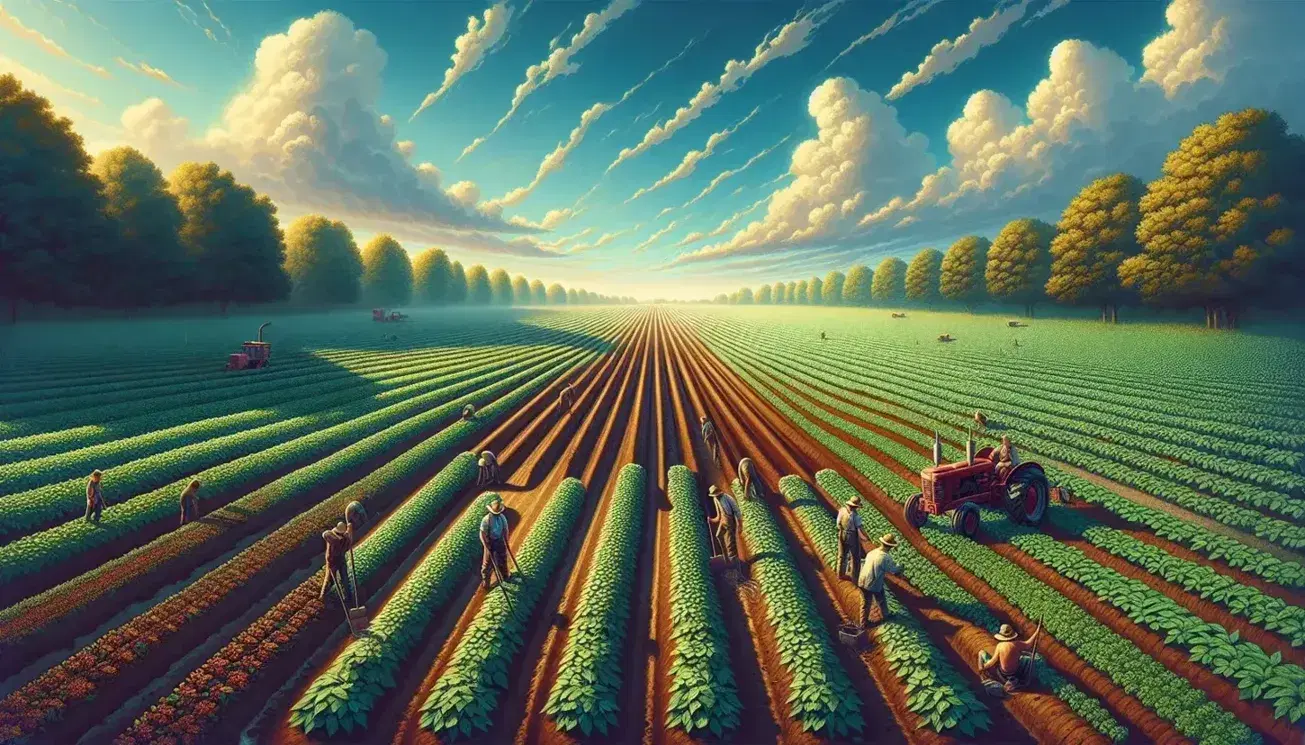 Campo agrícola con surcos y variedad de cultivos en distintas etapas de crecimiento, trabajadores con sombreros y un tractor rojo al fondo bajo un cielo azul con nubes.