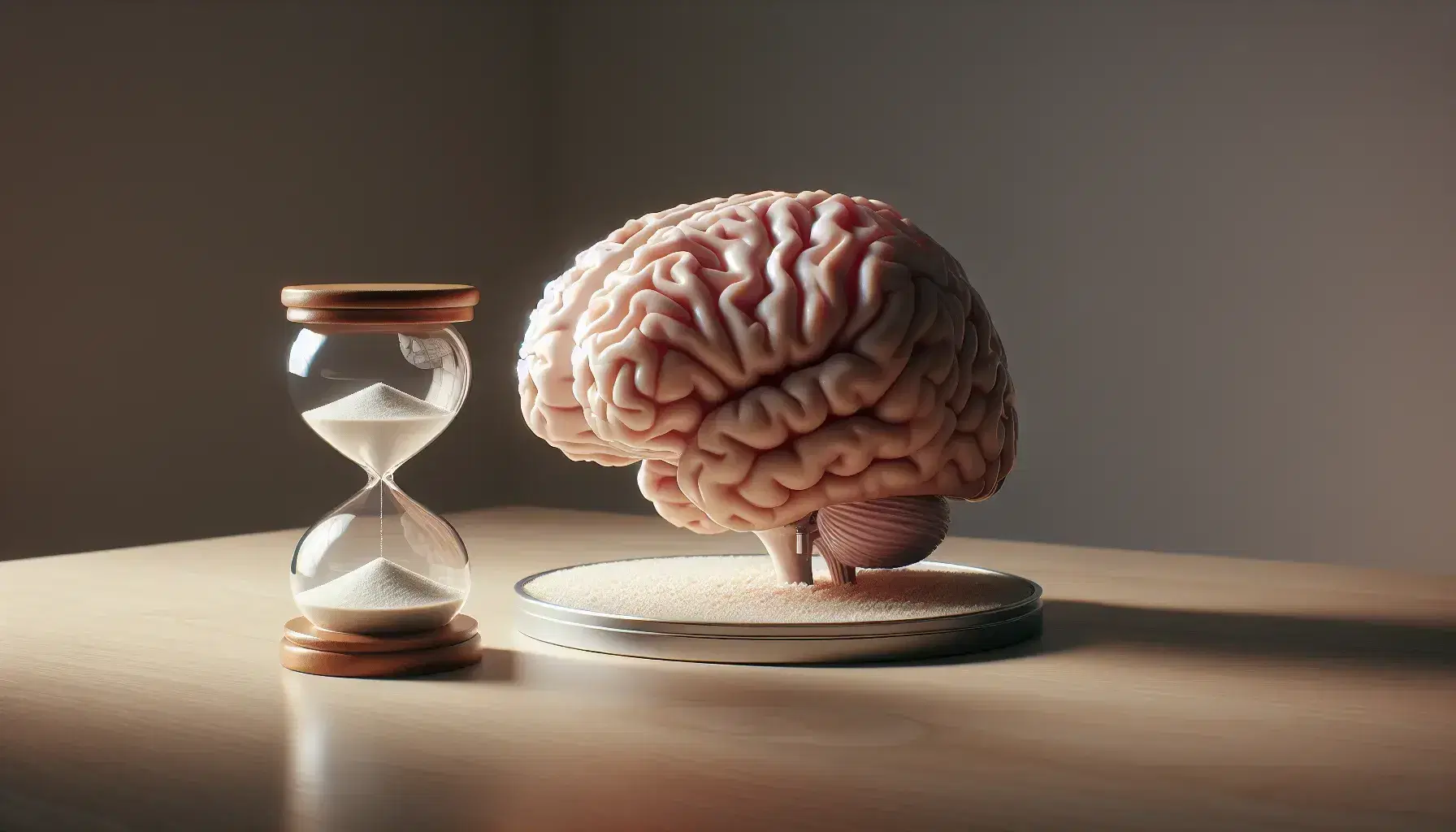 Detailed anatomical model of human brain with visible hemispheres and cerebellum, hourglass with sand and closed book on neutral background.