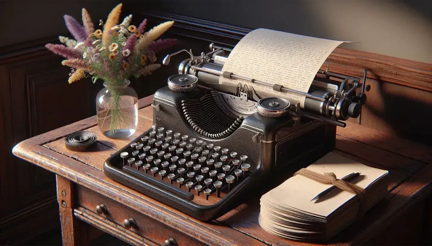 Vintage typewriter on a wooden desk with a stack of cream paper and a vase of wildflowers, in a softly lit room, evoking a nostalgic ambiance.