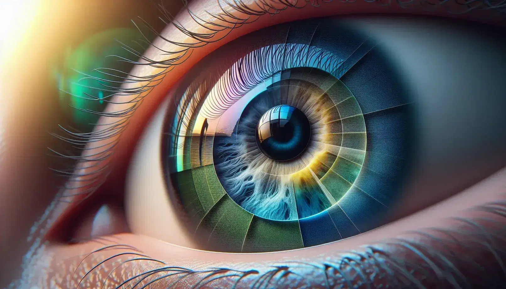 Ojo humano en primer plano con iris azul profundo y pupila dilatada, reflejando un espectro de colores y rodeado de fibras musculares y pestañas curvas.