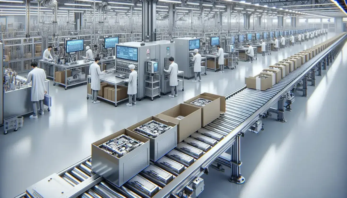 Línea de montaje en fábrica moderna con productos en serie sobre cinta transportadora, operarios en labor con maquinaria de alta tecnología y estantes con cajas de componentes.