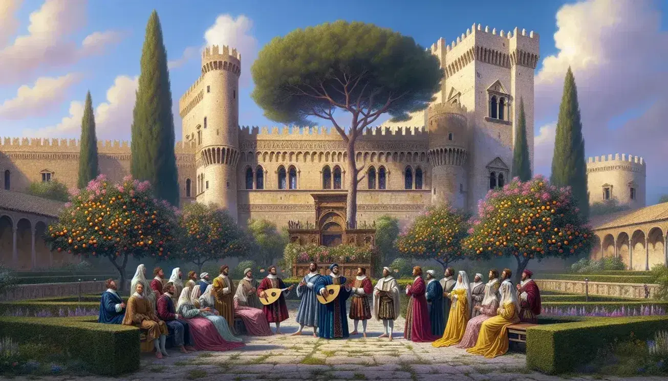 Cortile medievale siciliano con castello, giardino rigoglioso, figure in costume d'epoca con strumenti musicali e poeta che recita versi.