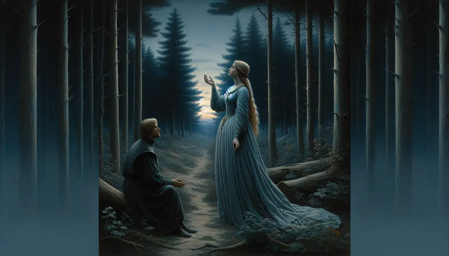 Donna in abito medievale azzurro e uomo in vesti scure riflettono in una foresta al crepuscolo, con sentieri tra gli alberi e luci soffuse.