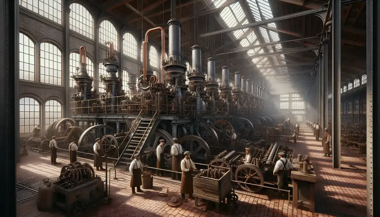 Fábrica de la era de la Revolución Industrial con máquinas de vapor en funcionamiento, trabajadores vestidos de época y luz natural entrando por ventanas altas.