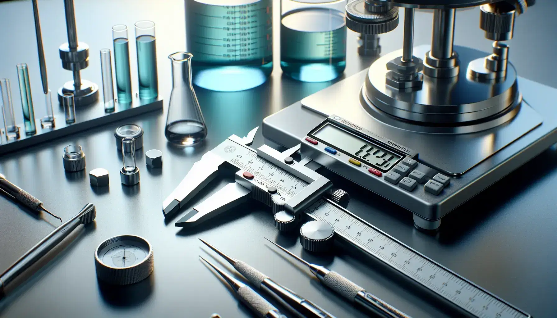 Strumenti di misurazione scientifici su tavolo da laboratorio, inclusi calibro vernier in acciaio, micrometro e bilancia analitica digitale.