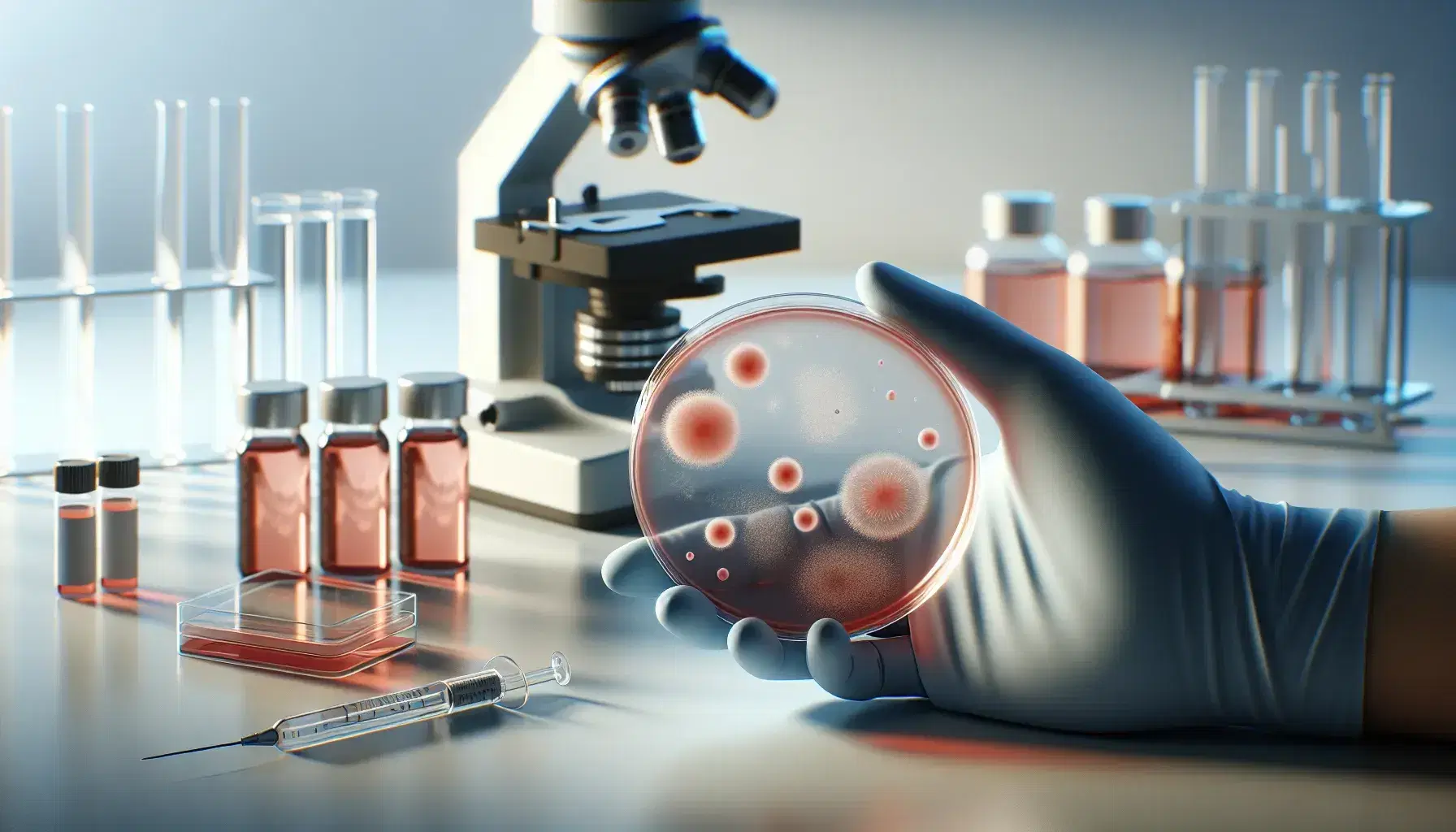Laboratory scene with gloved hands holding a petri dish with pinkish-red Mycoplasma bacterial colonies, blurred microscope and lab equipment in the background.
