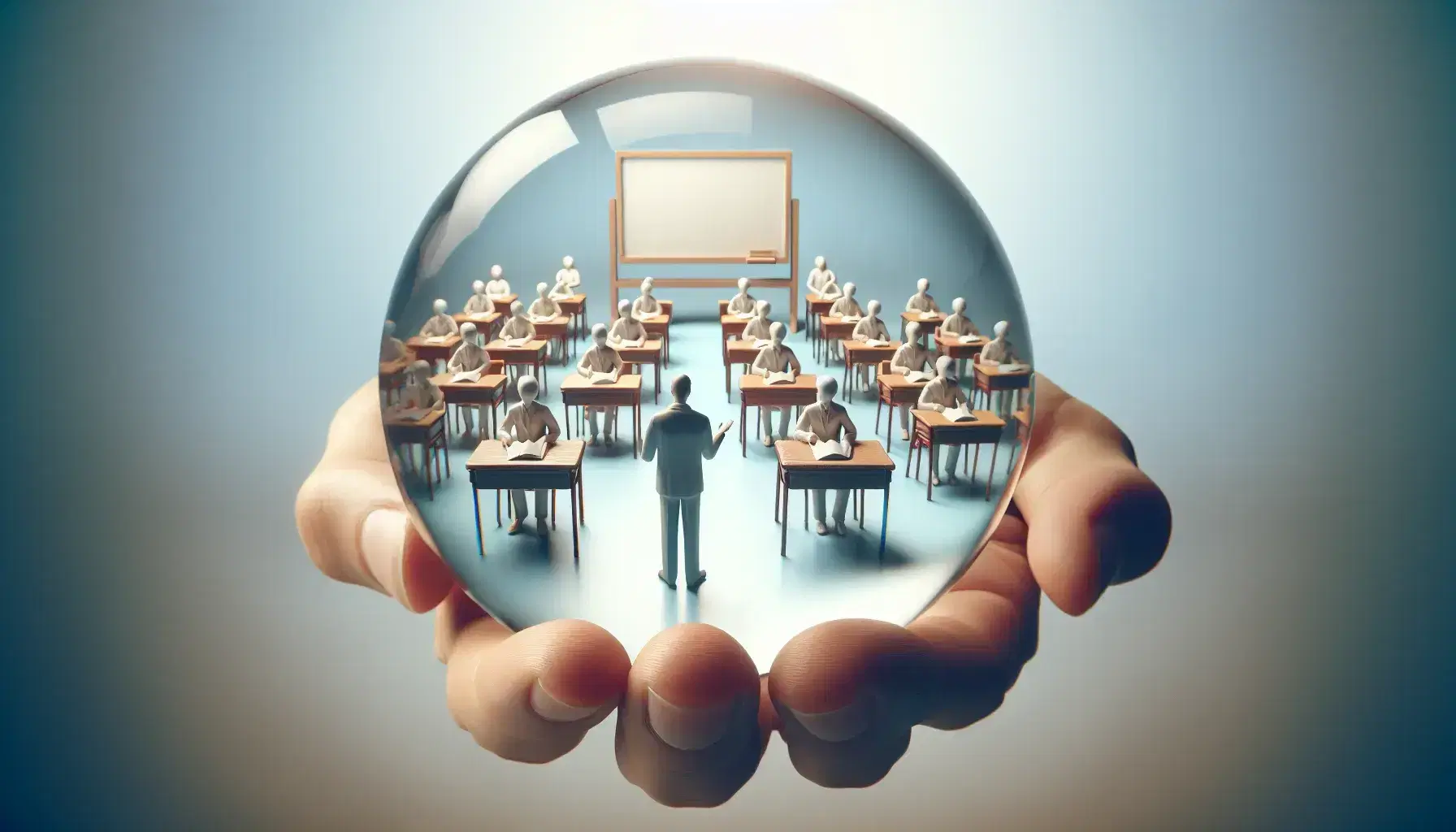 A hand holds a clear glass sphere with a miniature classroom scene, with a teacher and students sitting in front of a white board.