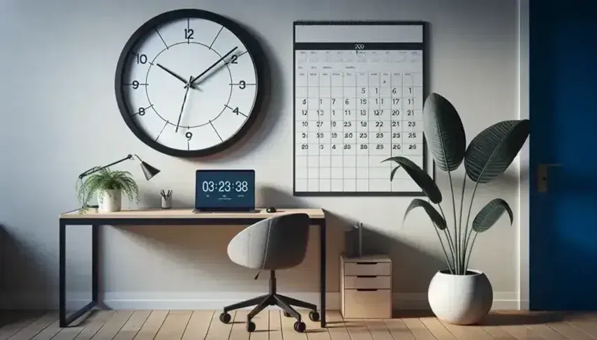 Reloj de pared redondo con marco negro y manecillas delgadas señalando una hora, calendario de pared y mesa de oficina con portátil abierto y planta interior, junto a silla de oficina gris.