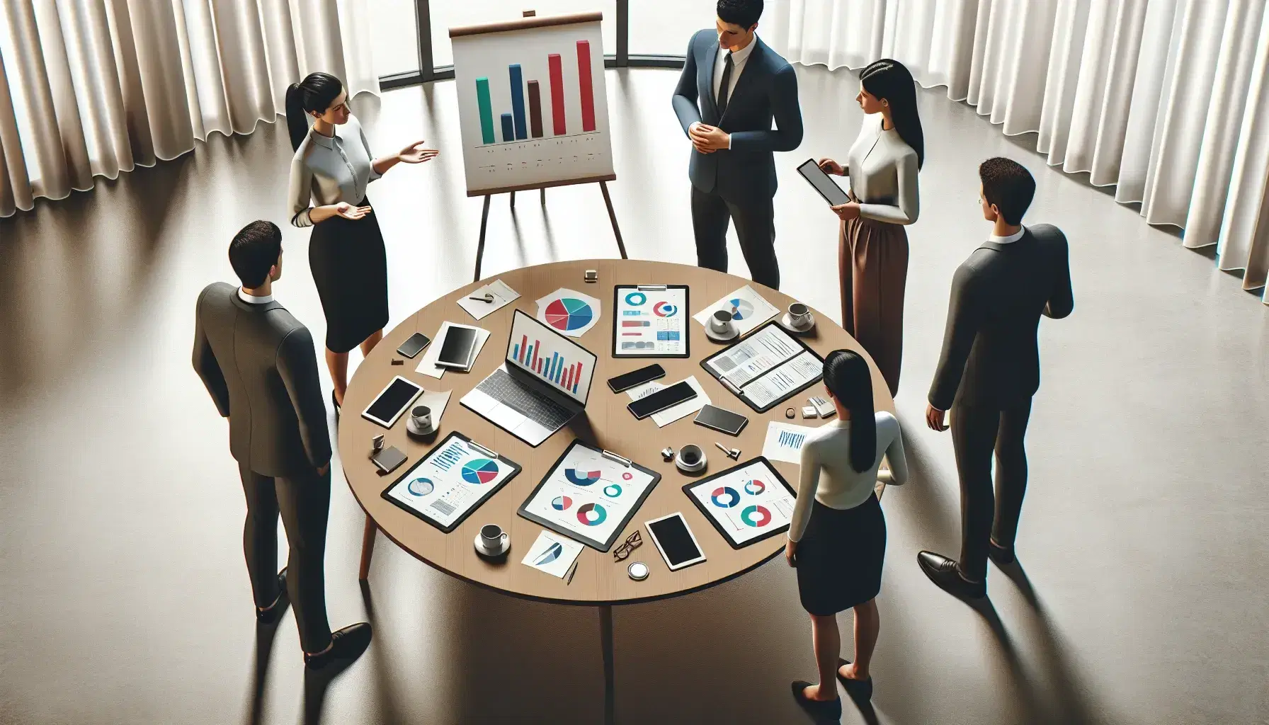 Equipo profesional analizando datos en gráficos de barras en un portátil y documentos, en una reunión de trabajo alrededor de una mesa redonda.