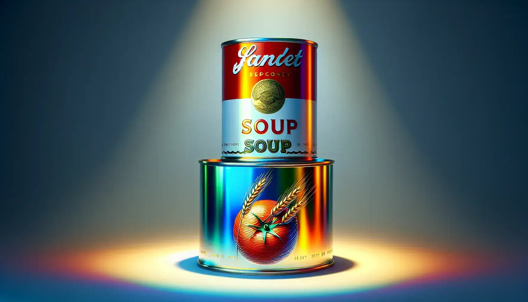 Tre lattine di zuppa impilate con colori vivaci, la superiore rossa, la centrale blu e la base verde, su sfondo neutro.