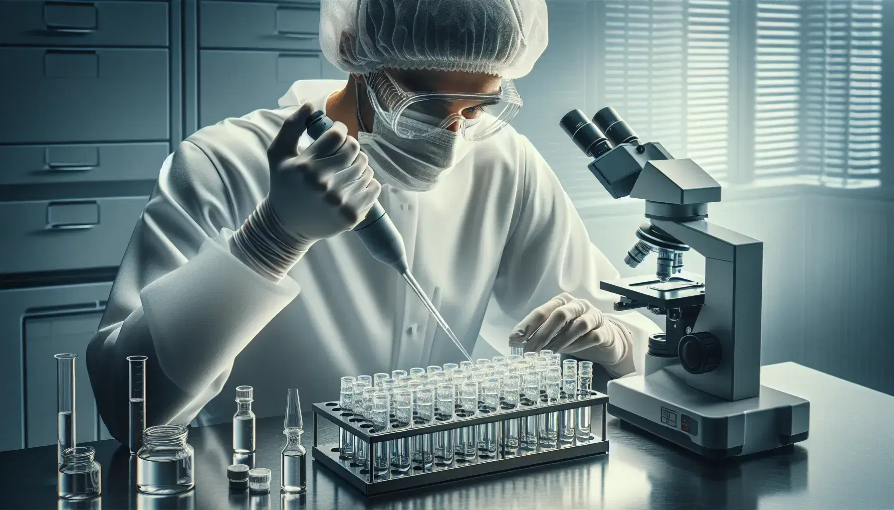 Scientist in lab coat and goggles pipetting liquid into tubes, with microscope, centrifuge, and gene sequencing equipment in a sterile lab setting.