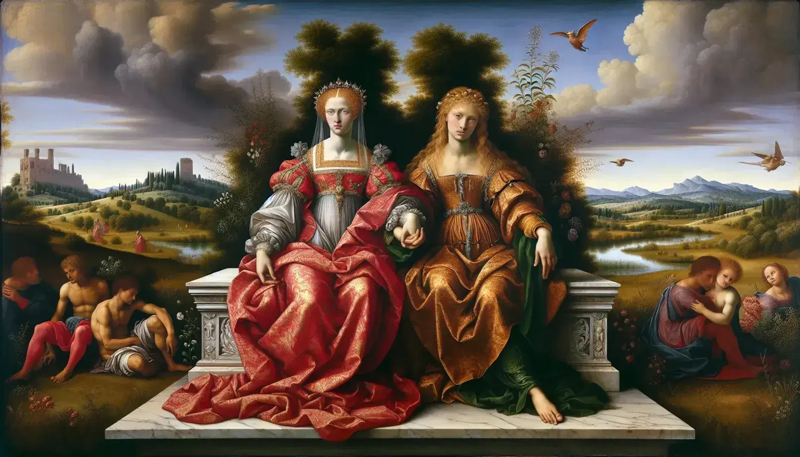 Dipinto Rinascimentale 'Amore Sacro e Amore Profano' di Tiziano con due donne, una vestita e una nuda, su un sarcofago, sfondo di paesaggio e giardino.