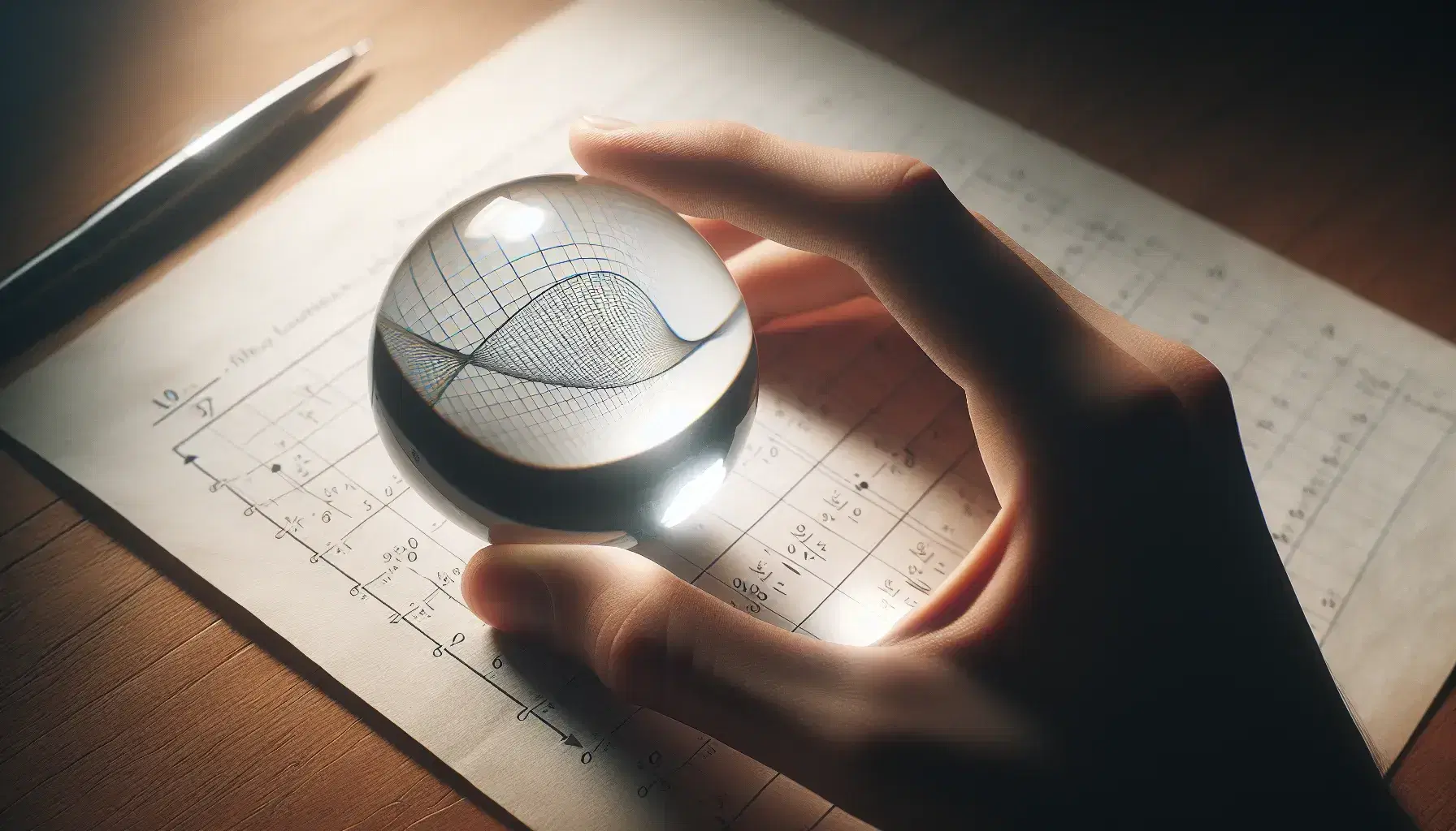 Hand holding a transparent magnifying glass showing a mathematical graph on paper, on blurred wooden background.