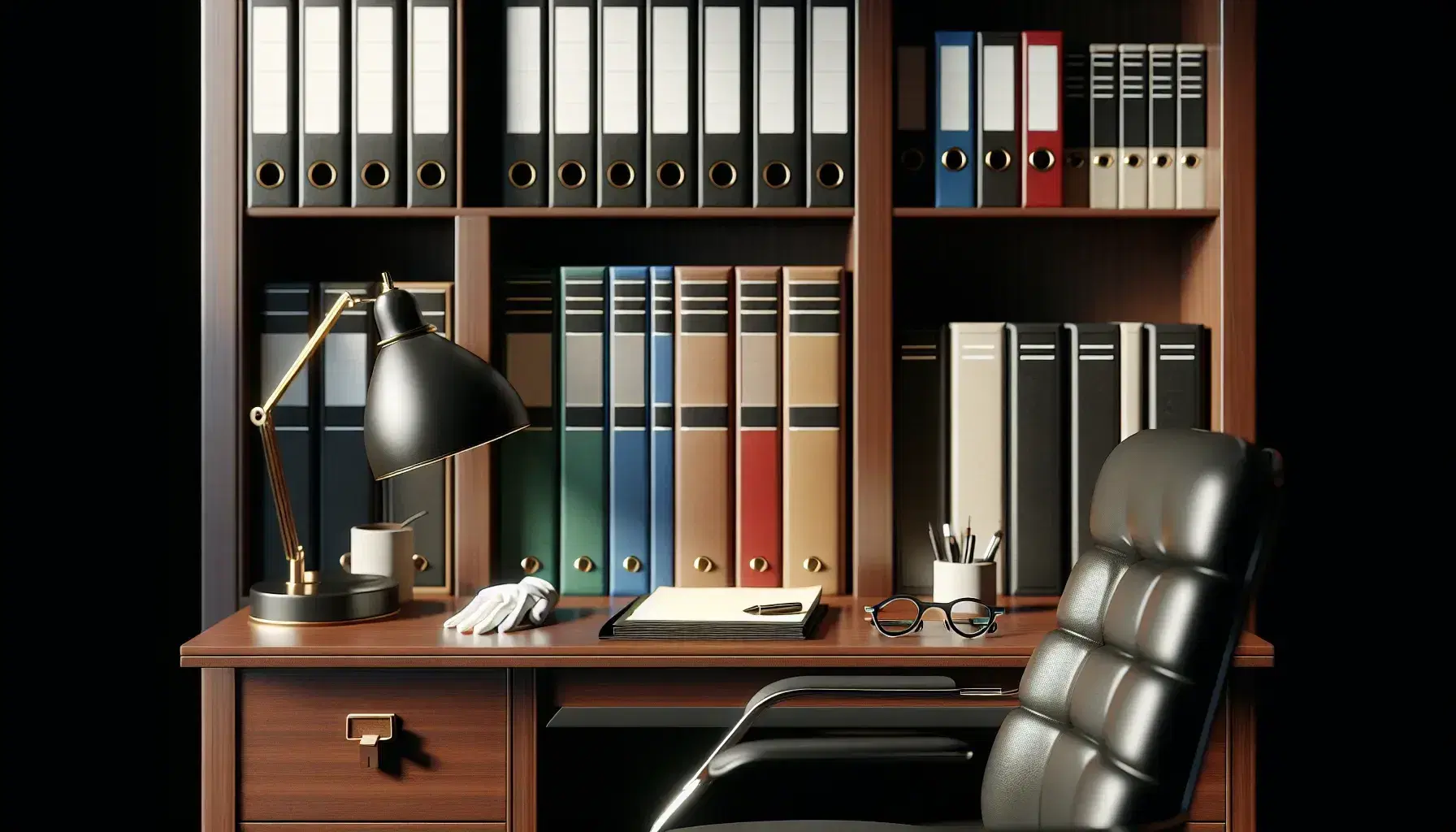 Estantería de madera oscura con carpetas de colores organizadas, mesa con lámpara apagada, guantes blancos y gafas, y silla de oficina negra en primer plano.