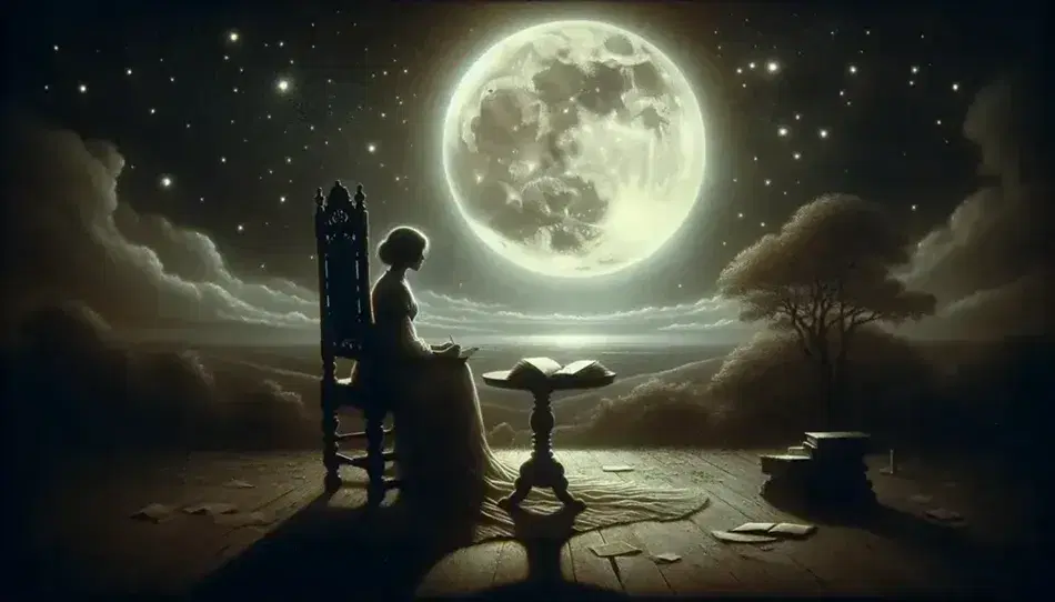 Mujer silueteada sentada en silla antigua contemplando la luna llena en una noche estrellada, con libro abierto y cuaderno en mesa junto a ella.