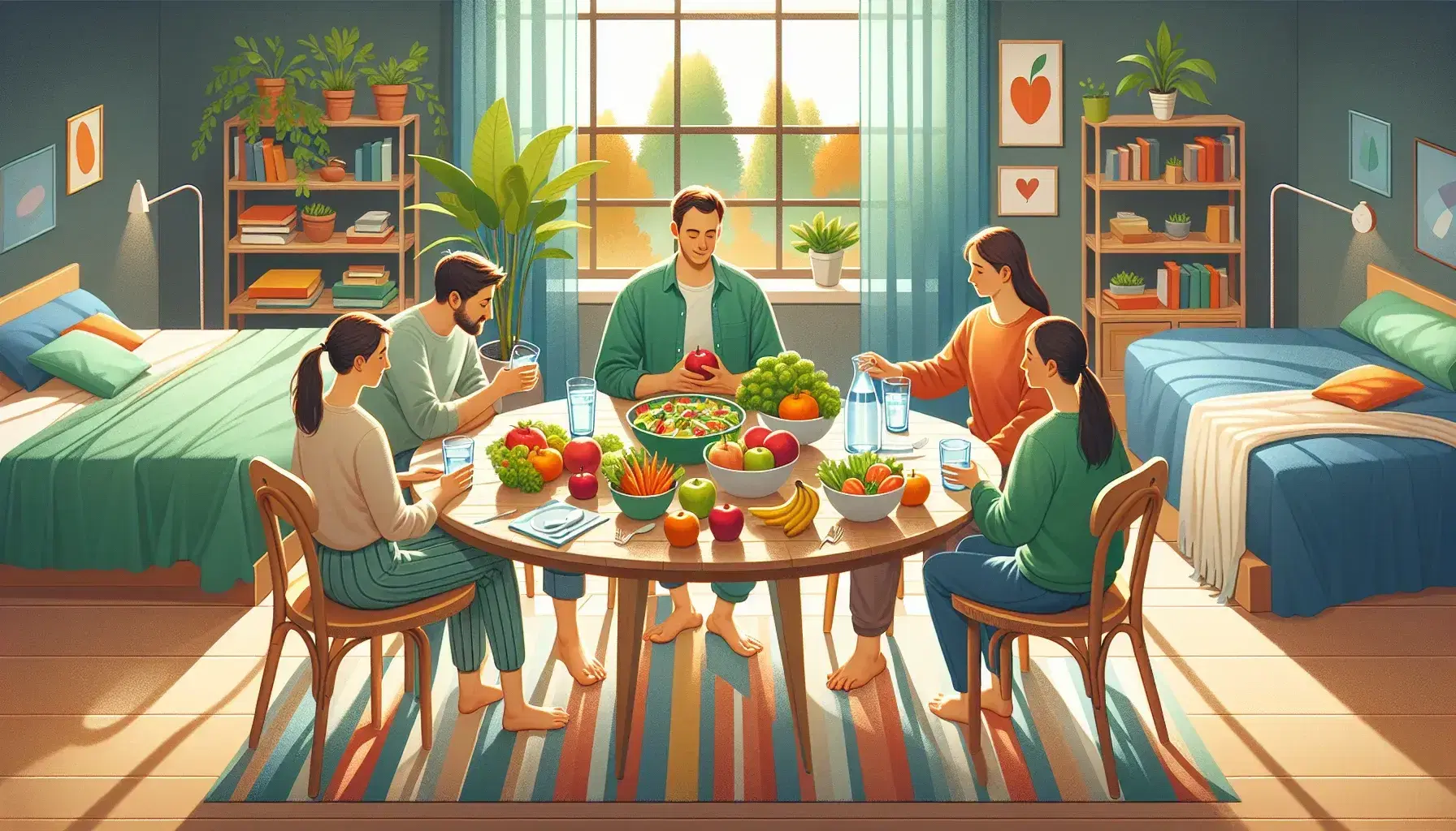 Cuatro personas disfrutan de una comida saludable con frutas, verduras y ensalada en una mesa redonda, bajo la luz natural de una ventana, en un ambiente hogareño y tranquilo.
