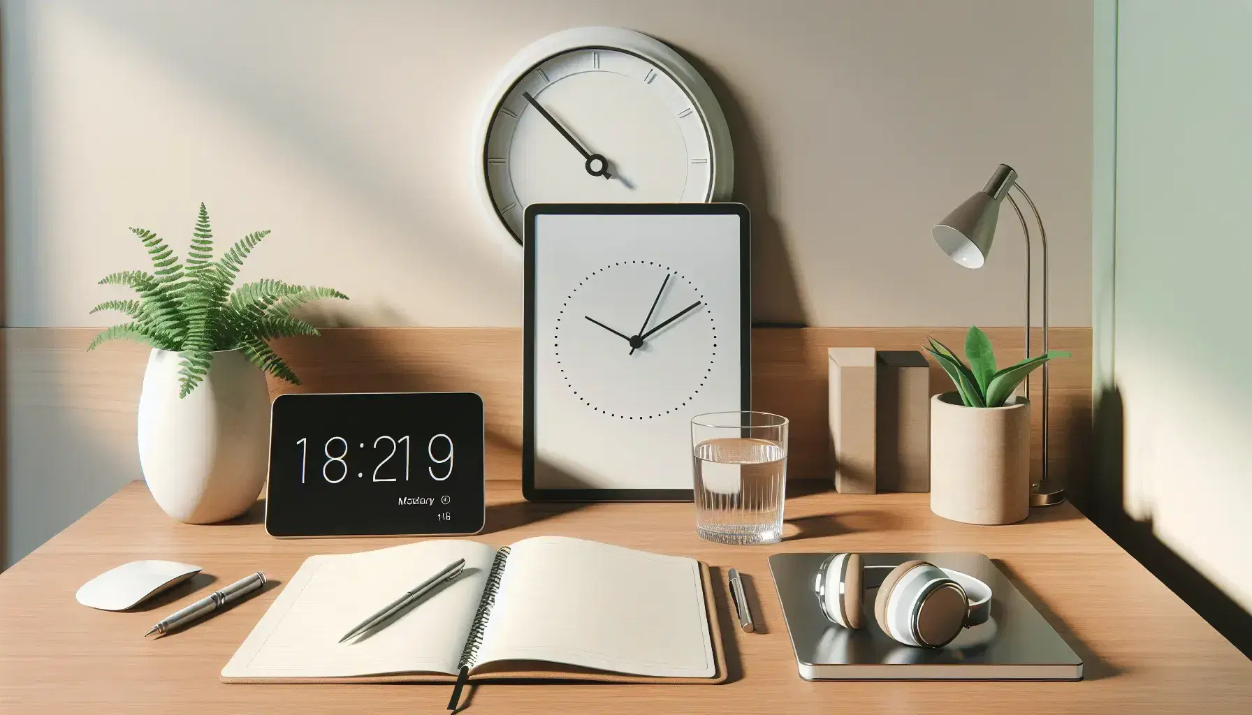 Tidy desk with open notebook, pen, turned off tablet, green plant, glass of water, analog clock and black headphones in a bright room.