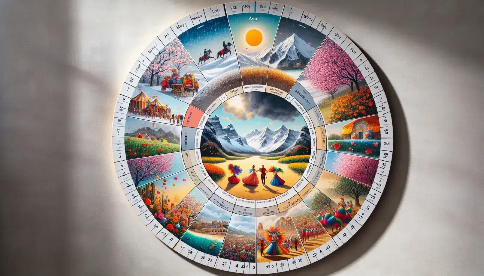Circular wall calendar showcasing vibrant illustrations for each month, reflecting seasonal and cultural themes from the Spanish-speaking world.