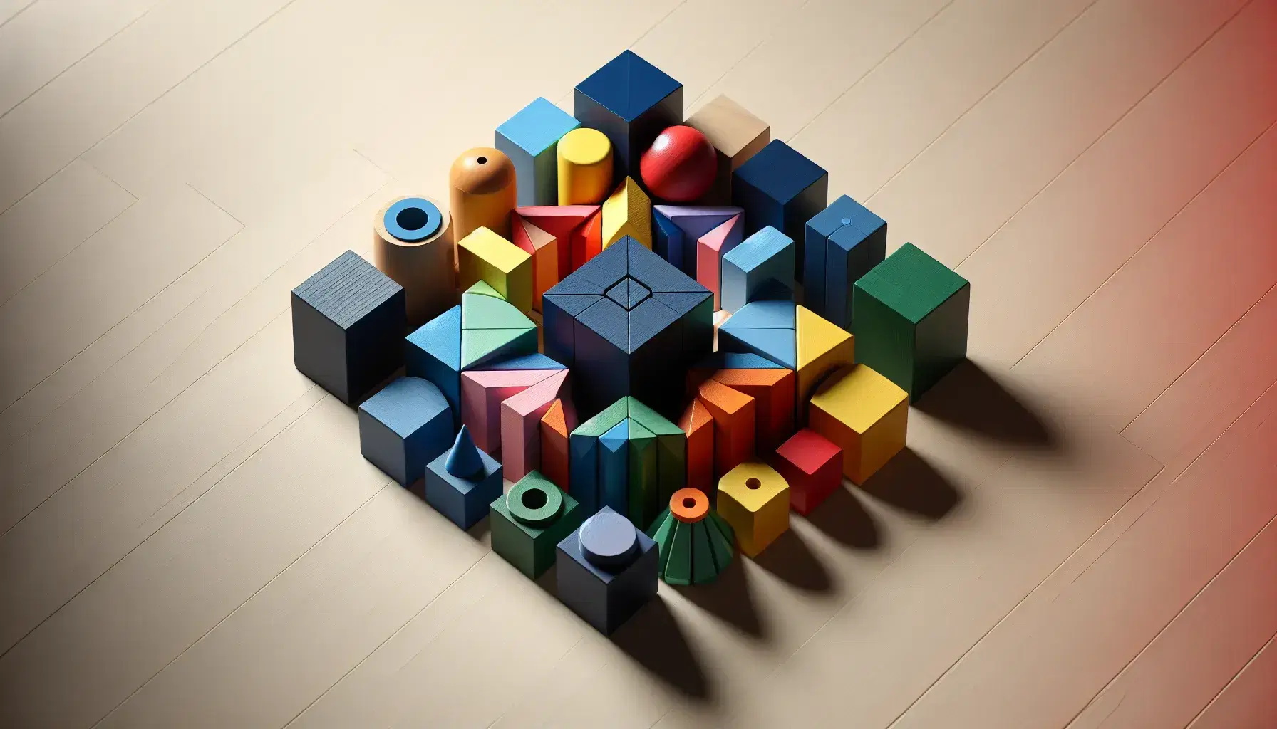 Blocchi colorati in legno disposti simmetricamente su tavolo chiaro, con cubo blu centrale e forme geometriche assortite intorno.
