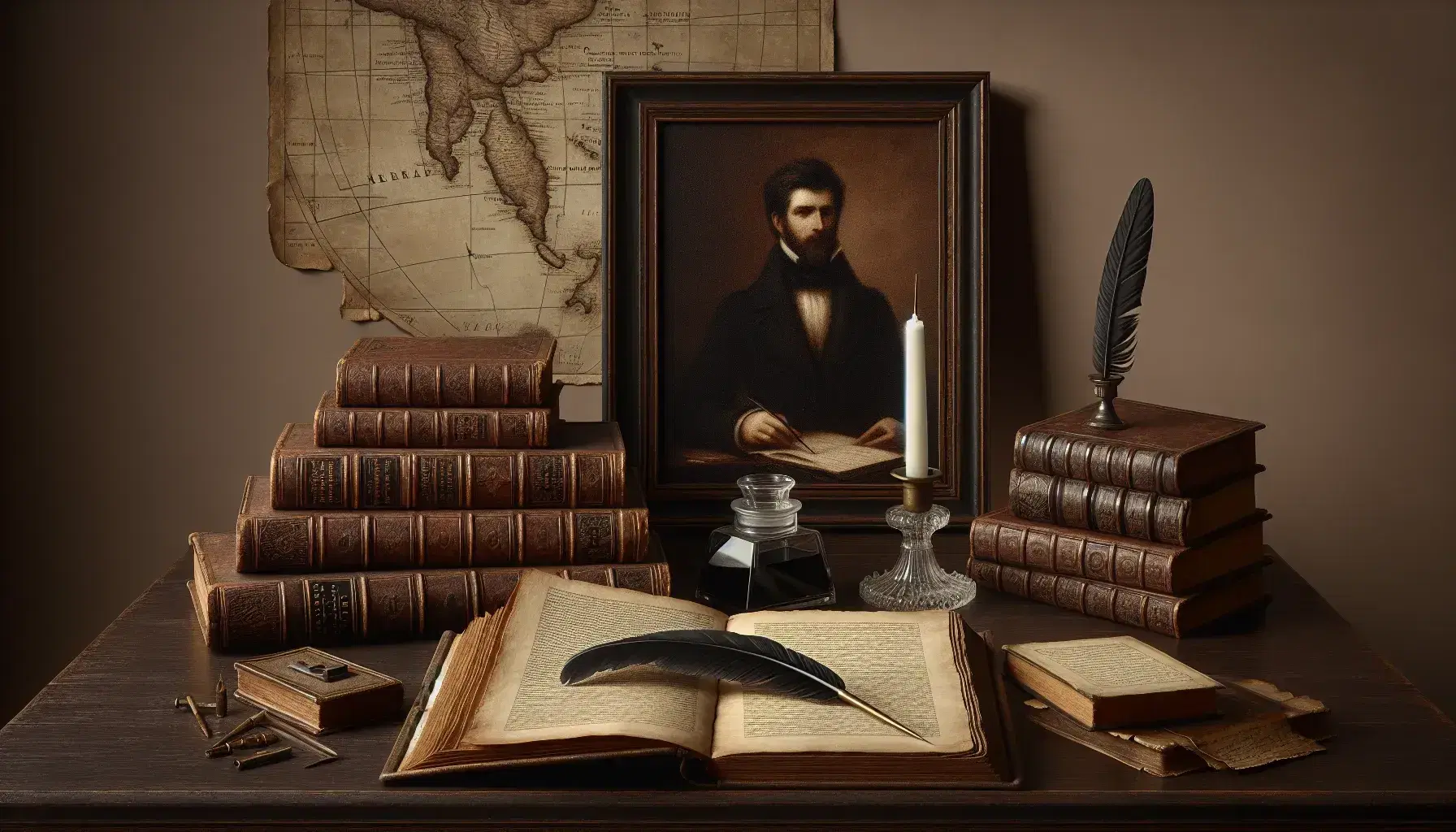 Scrivania in legno scuro con libro aperto, penna d'oca e calamaio, candela su candelabro d'argento, ritratto d'epoca e mappa antica.
