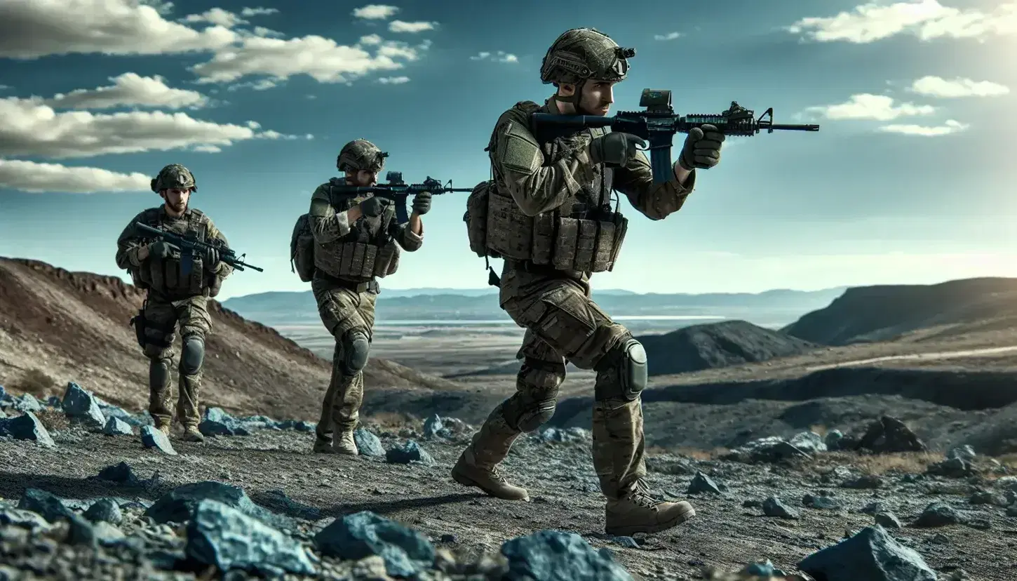 Tres soldados en uniforme de camuflaje avanzan en formación por terreno rocoso bajo un cielo azul con montañas al fondo.