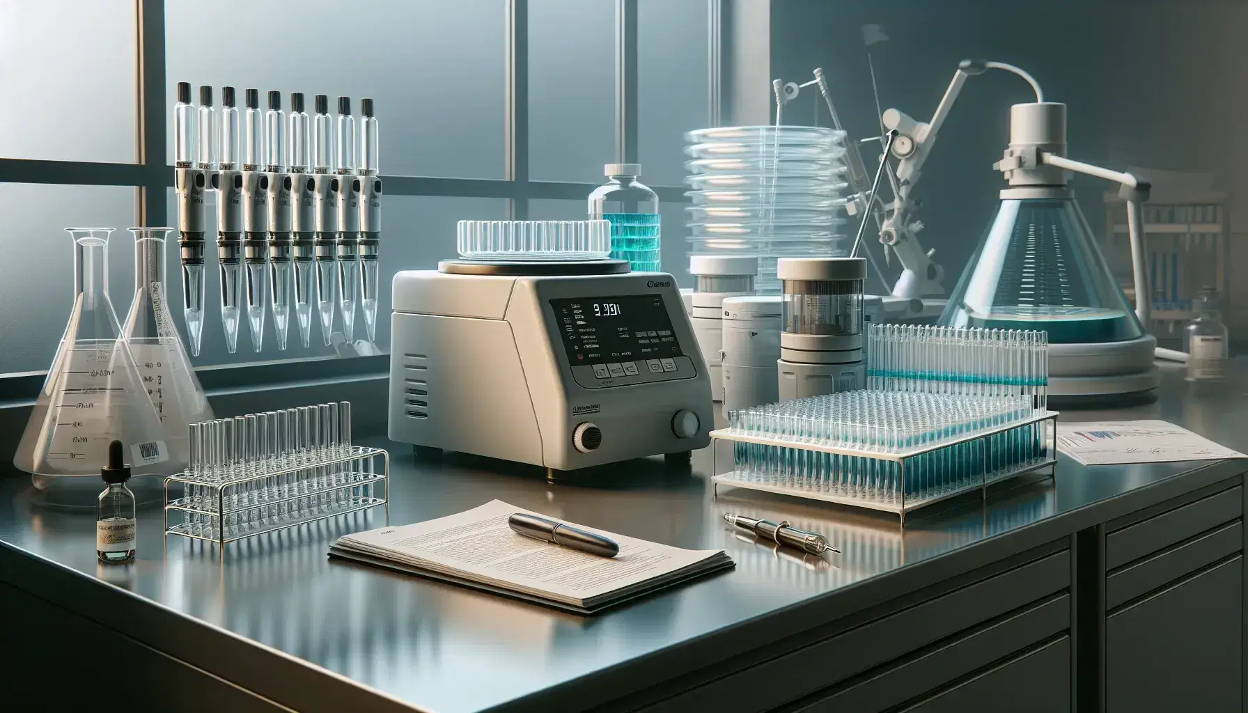 Molecular biology laboratory with microcentrifuge, colored micropipettes, thermal cycler for PCR, Petri dishes and digital centrifuge.