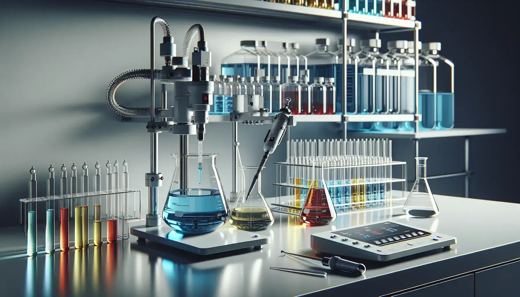Laboratorio chimico moderno con tavolo bianco, becher con liquidi colorati, pipetta automatica e flaconi su scaffale.