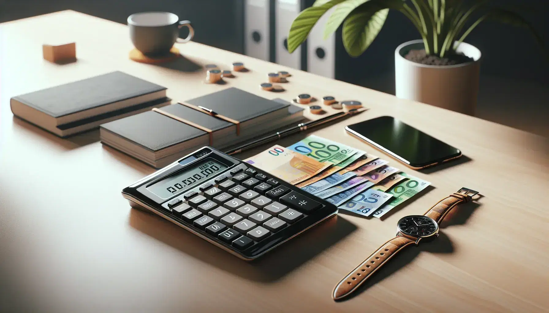 Mesa de oficina de madera clara con calculadora moderna apagada, pila de billetes de colores, smartphone con carcasa metálica y reloj de pulsera, planta de interior al fondo.
