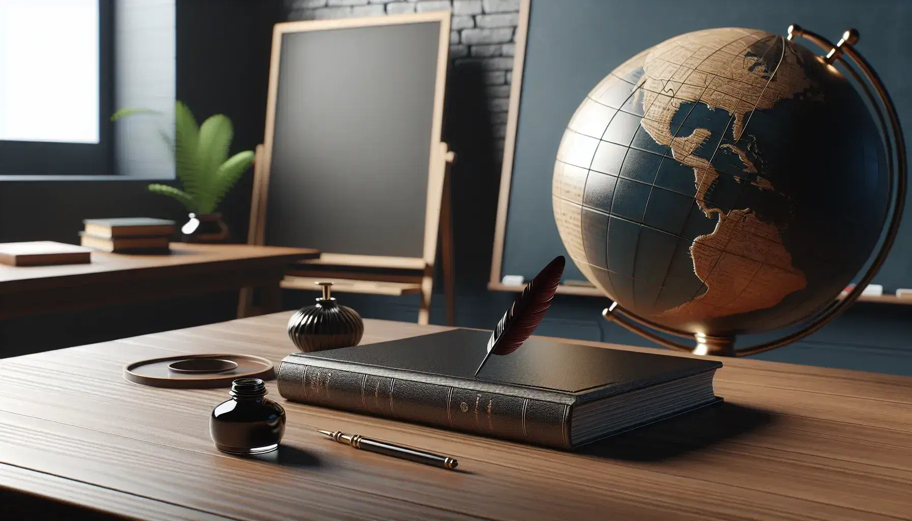 Serene Spanish language classroom with an open blank textbook, a black inkwell with burgundy feather quill, a clean chalkboard, and a featureless blue globe.
